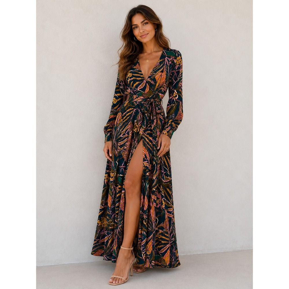 Dress Forum LA Floral Maxi Wrap Dress Vacation Wedding Guest Cocktail Coastal